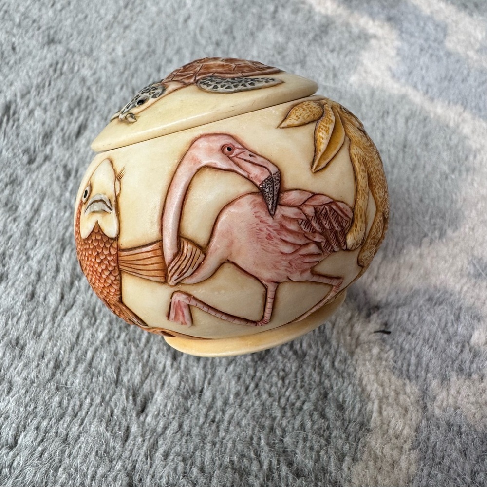 Carved Animal Sphere trinket container - Pink, green, Brown